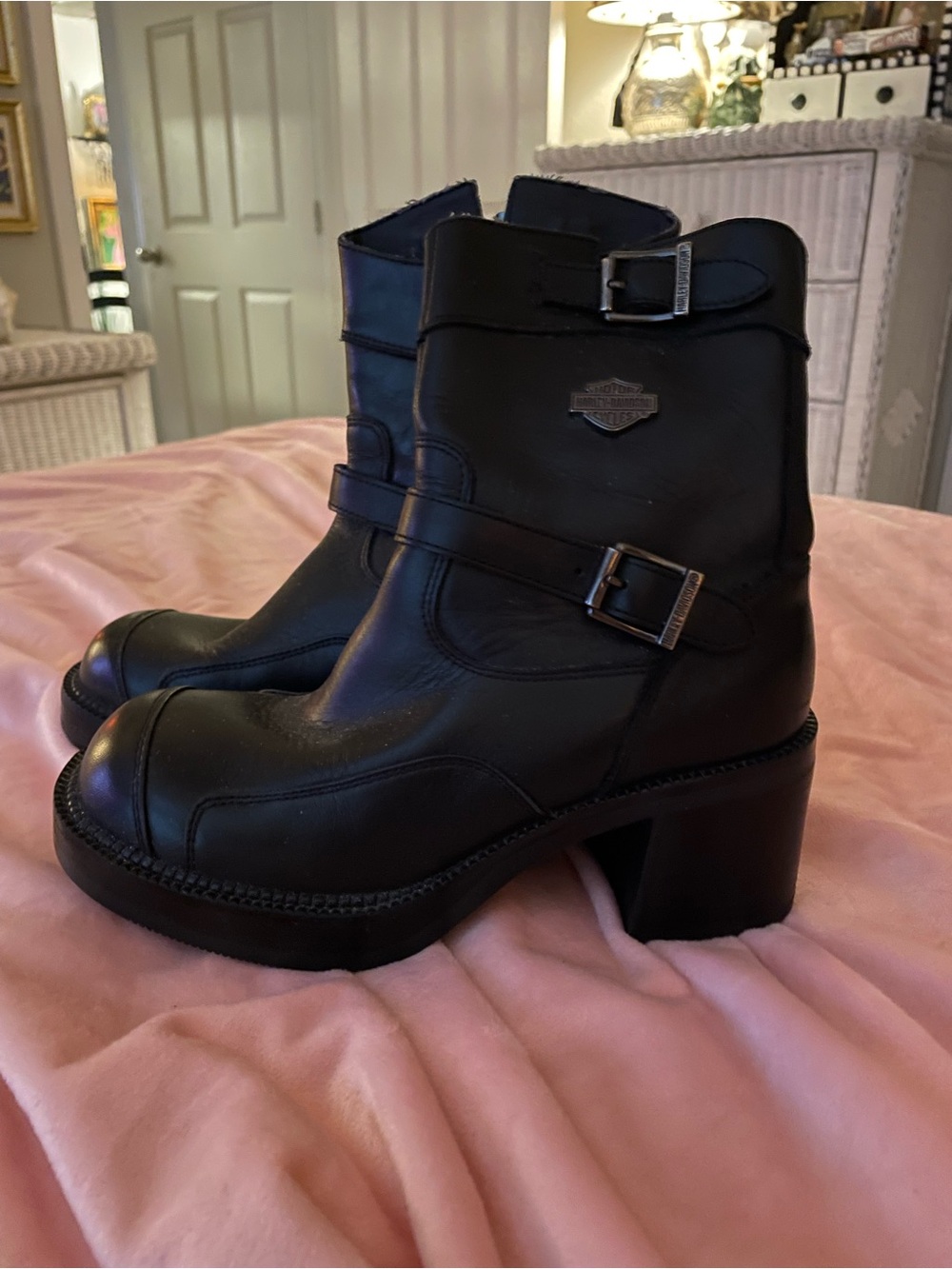 Harley-Davidson Black Leather Buckle Mid-Calf Heeled Boots - Picture 2 of 11